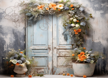 Avezano Blue Wooden Door and Flowers Autumn Backdrops For Photography