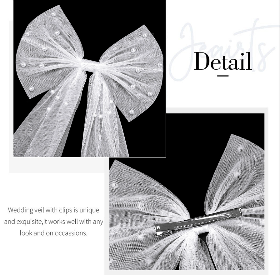 Avezano Wedding Hair Clip Pearl Bow with Veil Ribbon Hot Stamping
