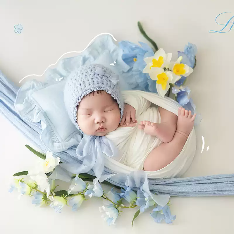 Avezano Newborn Blue Swaddle and Hat Photography Props Set