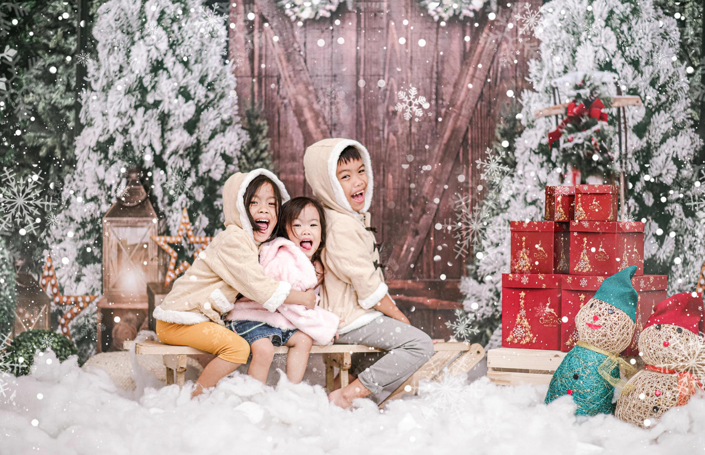 Avezano Wood Door with Wreath in Christmas Trees Photography Backdrop