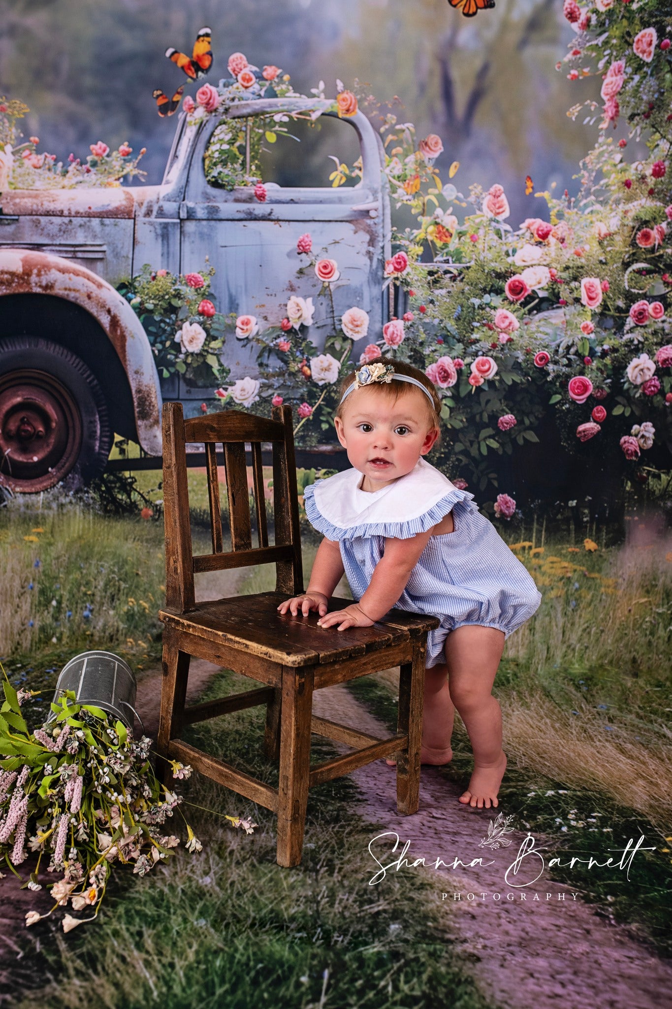 Avezano Spring Délabré Camion et Fleurs Papillons 2 pièces Ensemble Toile de Fond