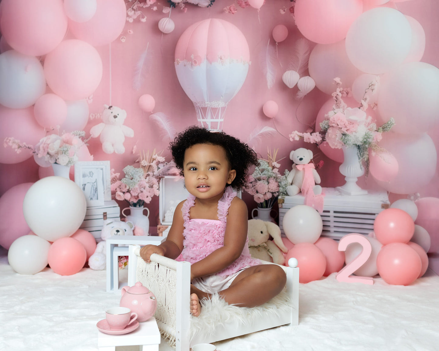 Avezano Pink Girl Fleurs et montgolfières Fête d'anniversaire Photographie Fond