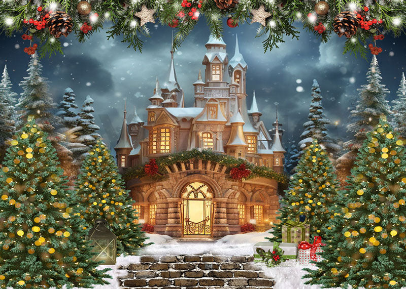 Toile de fond pour photographie de sapins de Noël et de châteaux d'Avezano