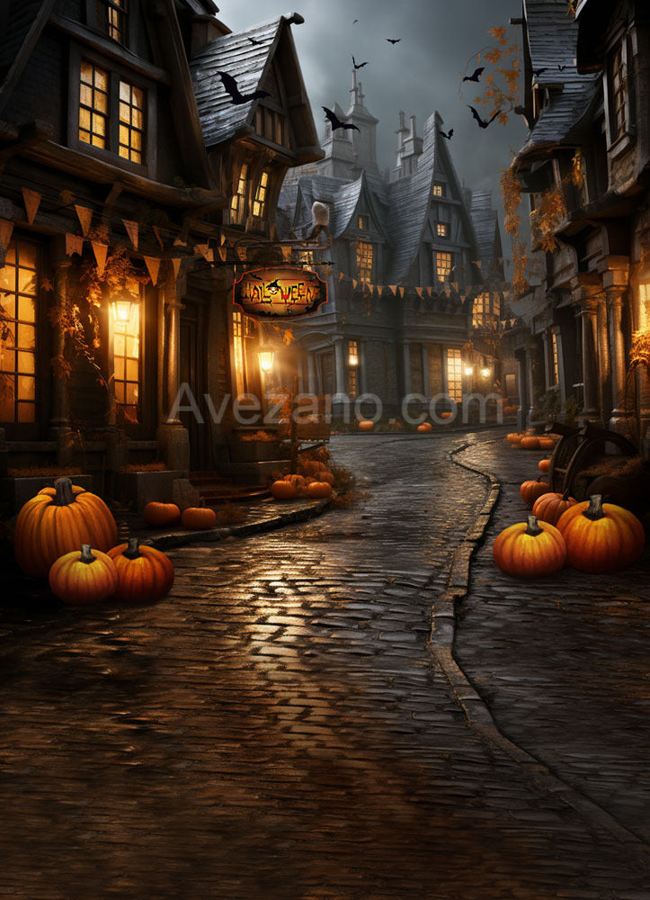 Avezano Halloween Street Town at Night Photography Backdrop-AVEZANO