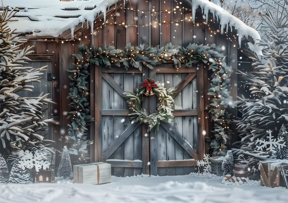 Toile de fond pour photographie de la cabane d'hiver de Noël d'Avezano