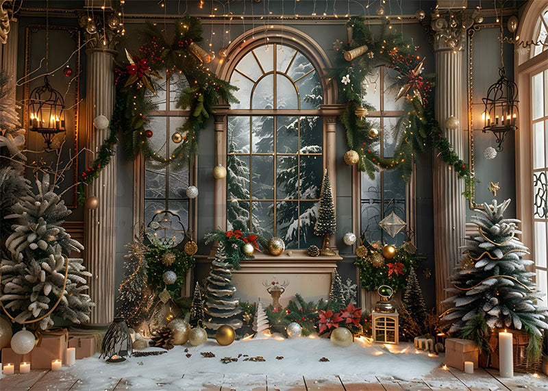 Toile de fond pour photographie d'arbres et de couronnes de Noël à Avezano