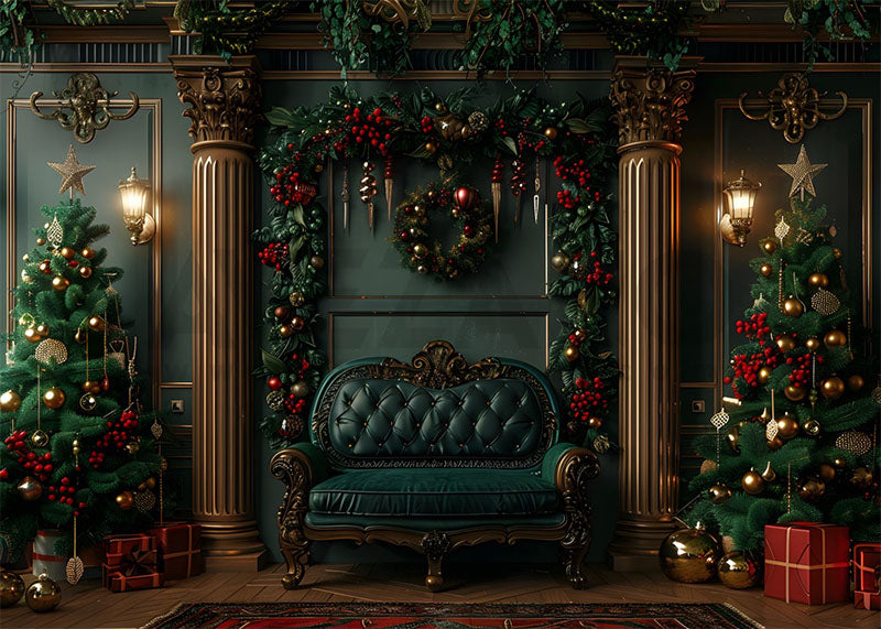 Toile de fond pour photographie de l'arbre de Noël et de la salle des cadeaux d'Avezano