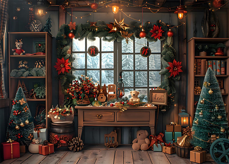 Les arbres de Noël et les fenêtres d'Avezano décorent les pièces dans un arrière-plan photographique hivernal