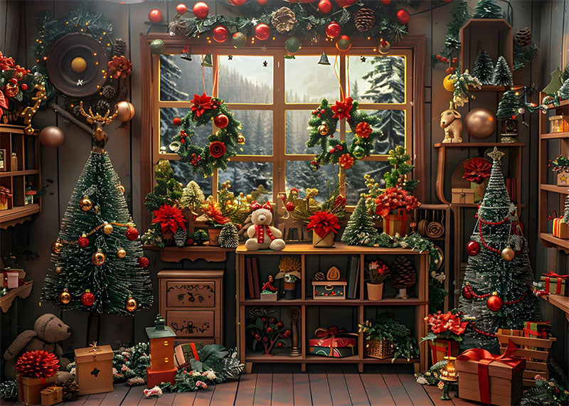 Toile de fond pour photographie de sapins de Noël et de cadeaux d'Avezano