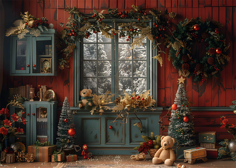 Toile de fond pour photographie de sapins de Noël et de fenêtres d'Avezano