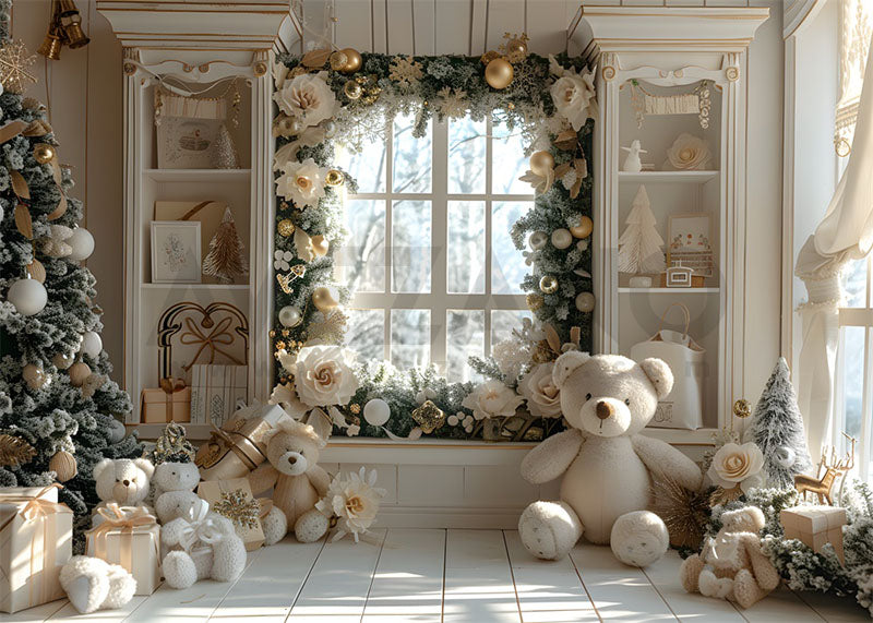 Toile de fond pour photographie de la chambre de Noël blanche d'Avezano et de l'ours