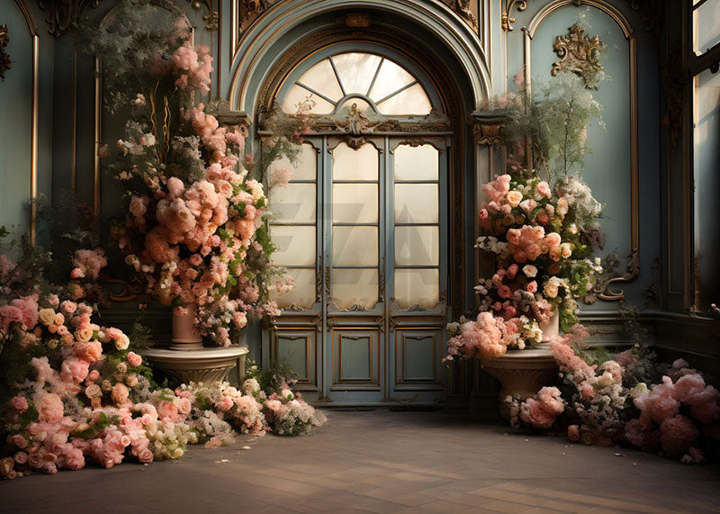 Toile de fond pour photographie de murs bleus et de roses roses d'Avezano