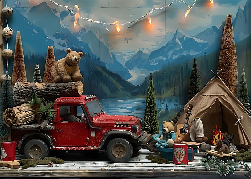 Fond d'écran de photographie de camion rouge et de tente de la forêt sauvage d'Avezano CakeSmash