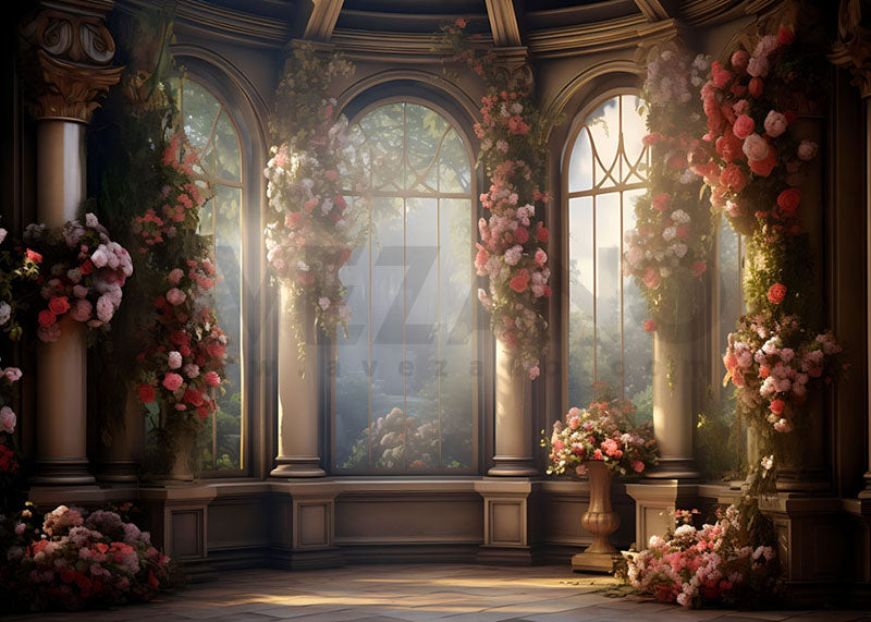 Avezano Spring Court Style Window Sunshine Flowers Photography Backdrop