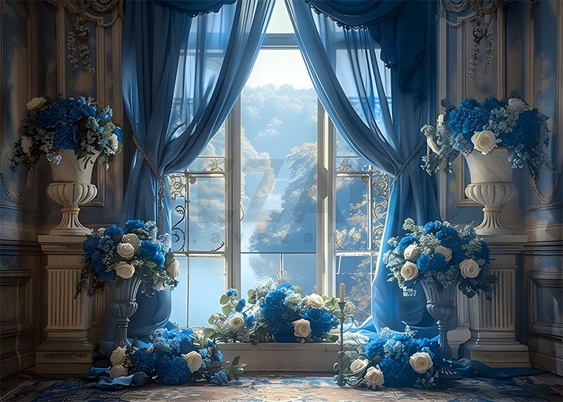 Toile de fond pour photographie de printemps Avezano avec des fenêtres bleues et des roses