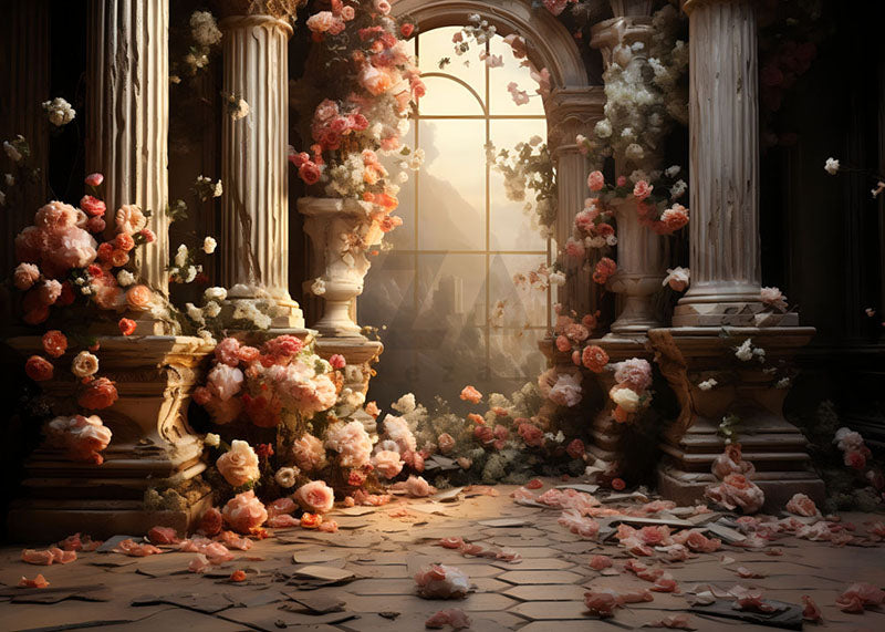 Toile de fond pour photographie de fenêtre de chambre pleine de fleurs de printemps d'Avezano