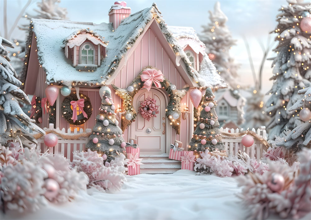 Toile de fond pour photographie de la maison de Noël en hiver d'Avezano avec un nœud rose
