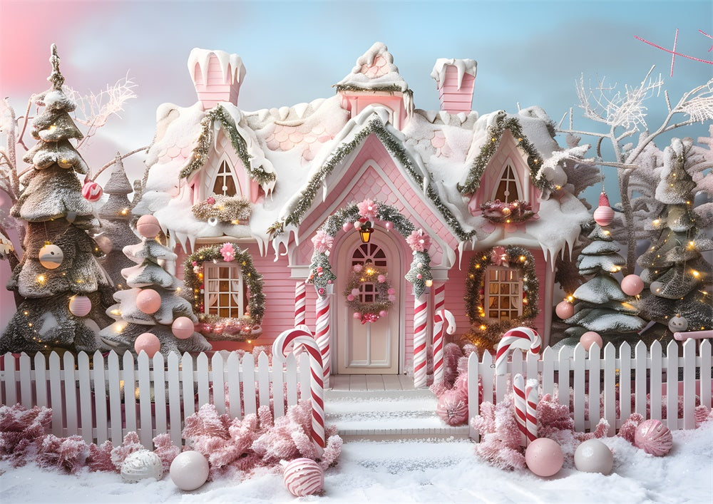 Toile de fond pour photographie de la maison rose de Noël d'hiver d'Avezano
