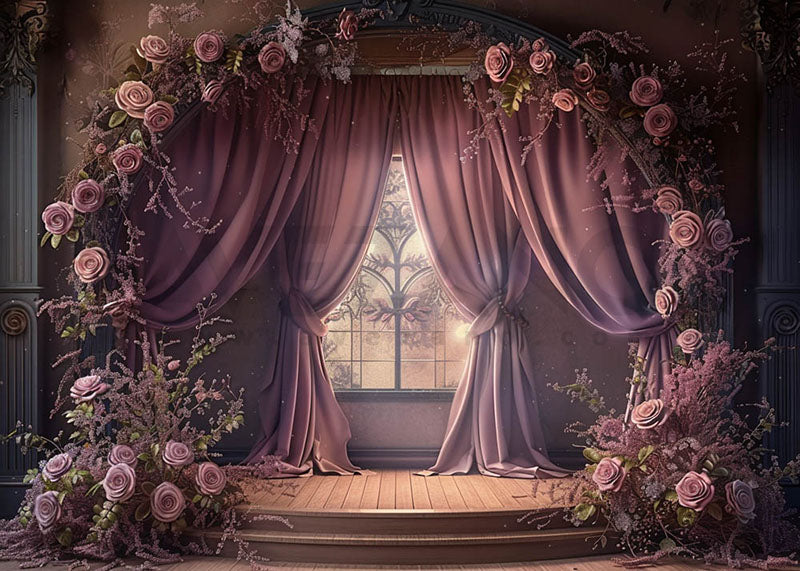 Toile de fond pour photographie de rideaux et de fleurs violettes printanières d'Avezano