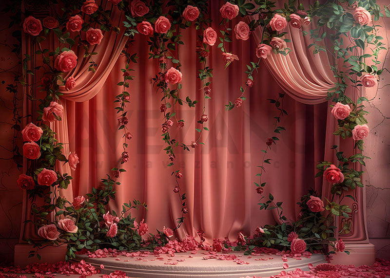 Toile de fond pour photographie de rideaux et de roses roses de printemps d'Avezano