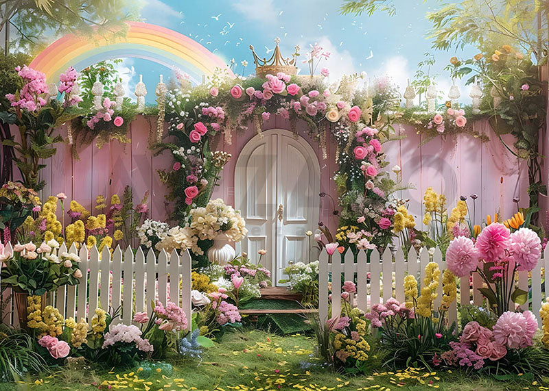 Toile de fond pour photographie de l'arc-en-ciel et de l'arche de roses du jardin printanier d'Avezano