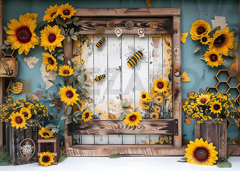 Toile de fond pour la photographie du printemps d'Avezano, le tournesol et l'abeille