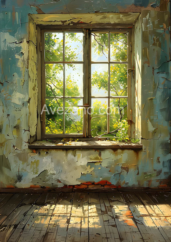 Avezano Peinture Mur et feuilles vertes à l'extérieur de la fenêtre Photographie Toile de fond