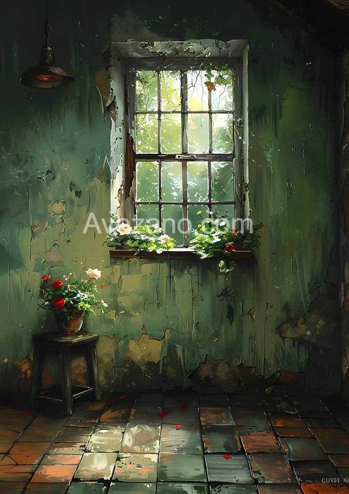 Toile de fond pour photographie de murs et de fleurs en peinture verte Avezano