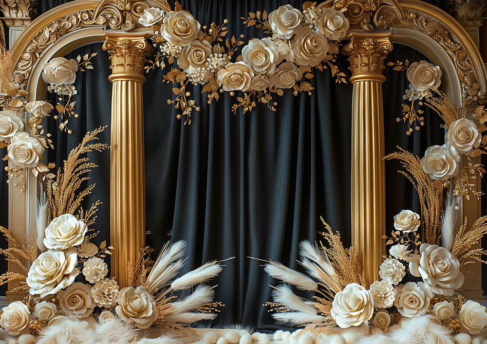 Avezano Artistic Bohemian Golden Heart Arches and Roses Photography Backdrop