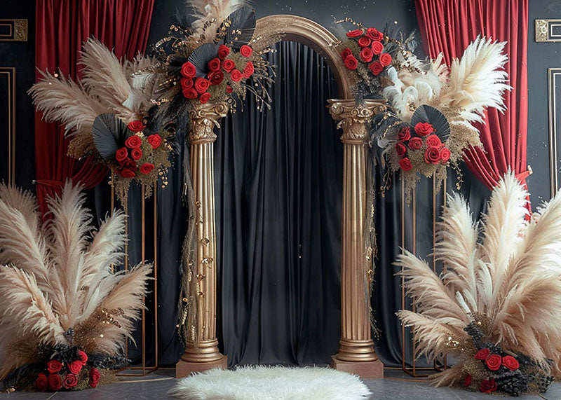 Avezano Bohemian Red Roses and Black Curtains Photography Backdrop