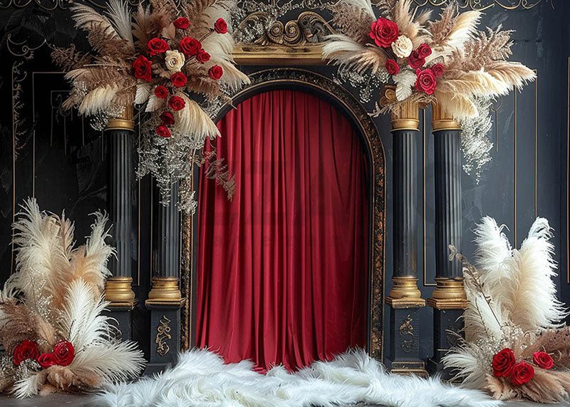 Avezano Bohemian Red Roses and Curtain Photography Backdrop