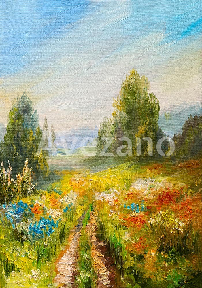 Toile de fond pour photographie de peinture à l'huile du ruisseau Avezano et du ciel bleu