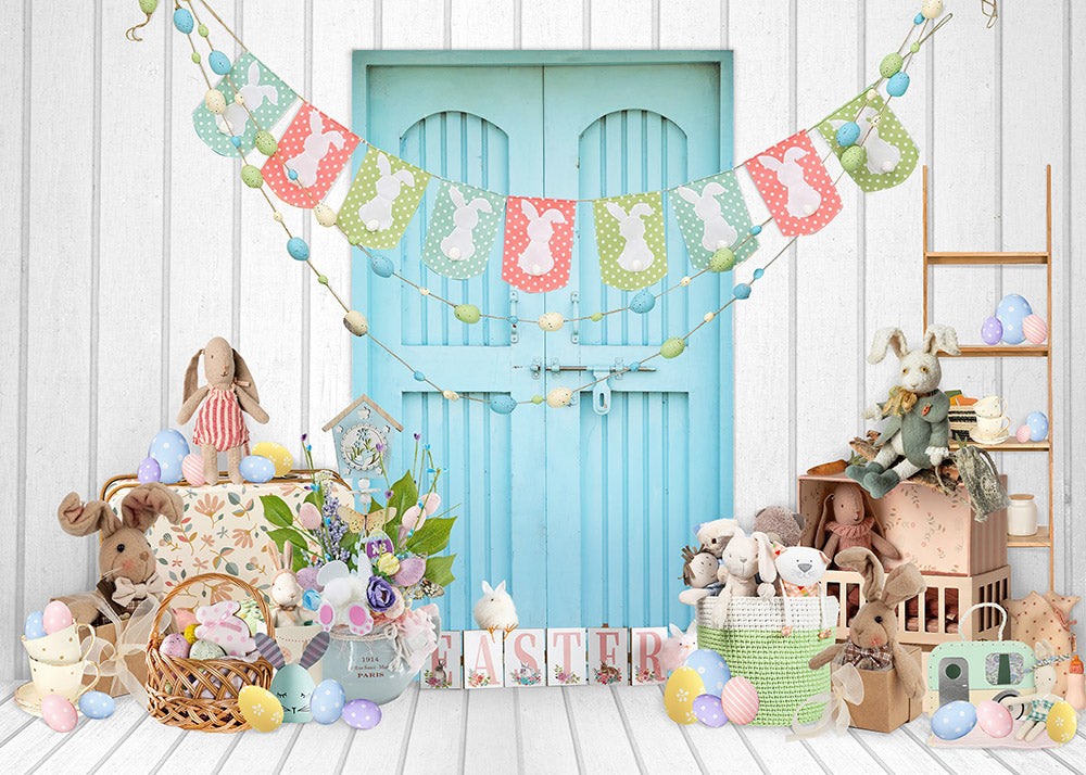 Clearance Sale Avezano Pastel Easter Bunny Blue Door Photography Backdrop