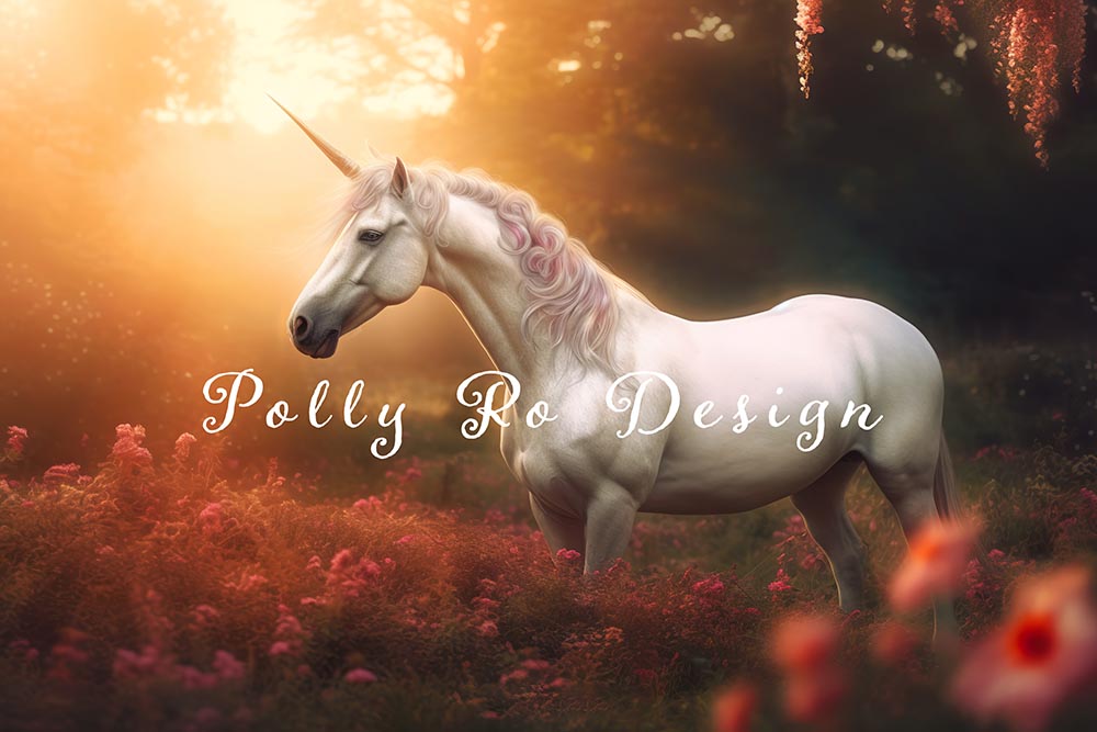 Avezano White Unicorn Among the Flowers Photography Backdrop Designed By Polly Ro Design-AVEZANO