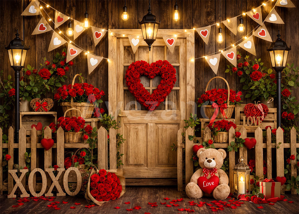 Avezano Valentine Rose Wooden Door Teddy Bear Photography Backdrop