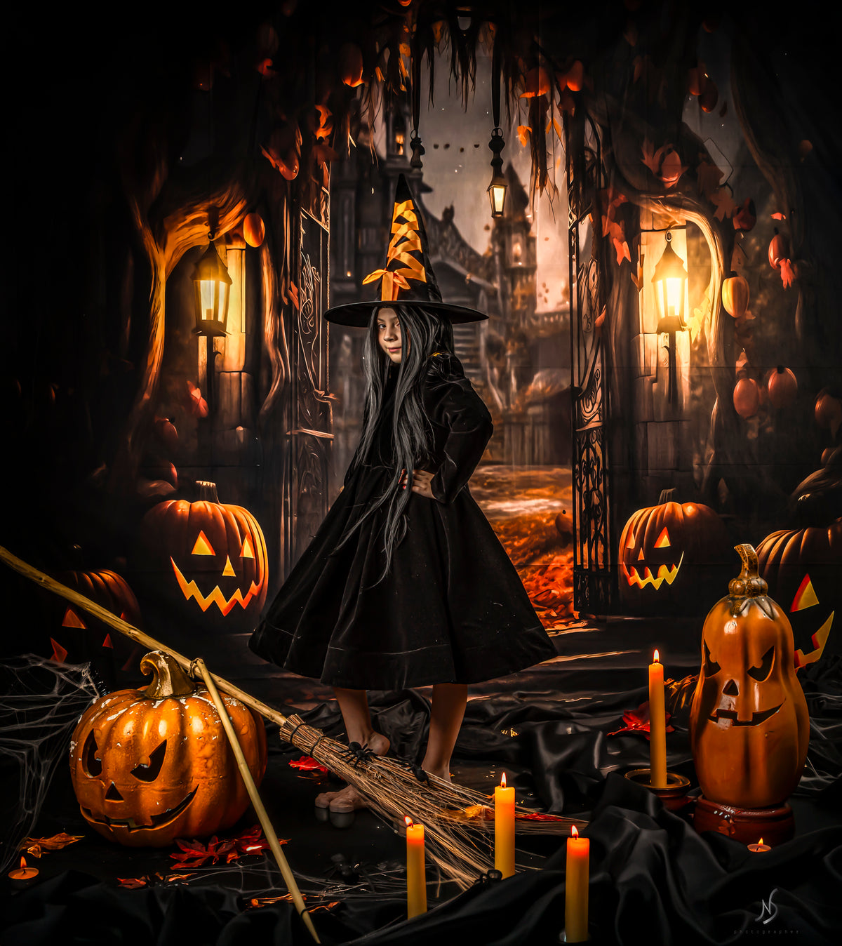 Avezano Halloween House Night Pumpkin Backdrop for Photography