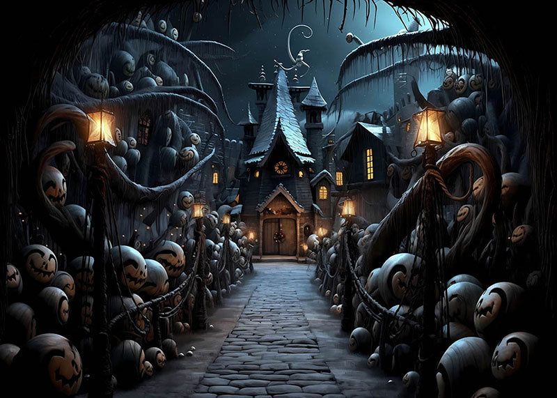 Toile de fond de citrouille de nuit du château d'Halloween d'Avezano pour la photographie