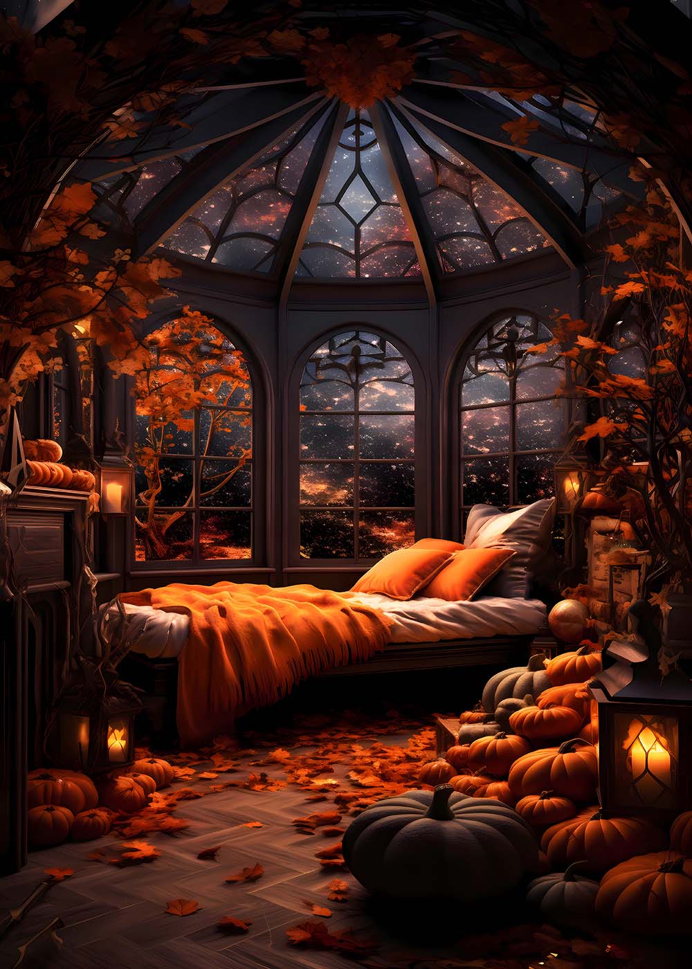 Toile de fond pour photographie de chambre à coucher avec citrouille d'automne et feuille d'érable d'Avezano
