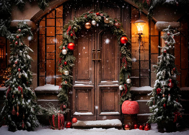 Avezano Porte en bois enneigée de Noël dans un décor de photographie de décoration hivernale