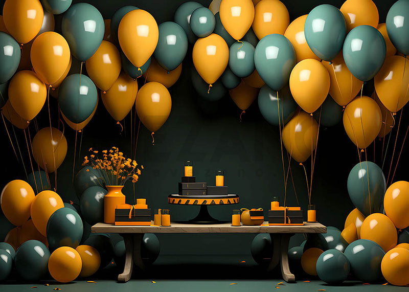 Fond de photographie de gâteau d'anniversaire avec des ballons jaunes et verts d'Avezano