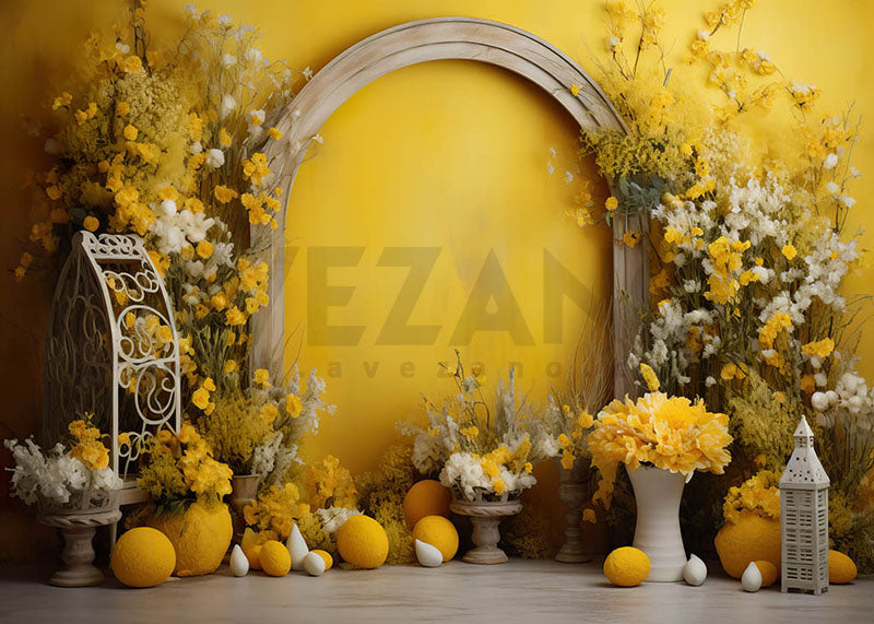 Blue Green Wall Floral Arch Stairs Easter Backdrop