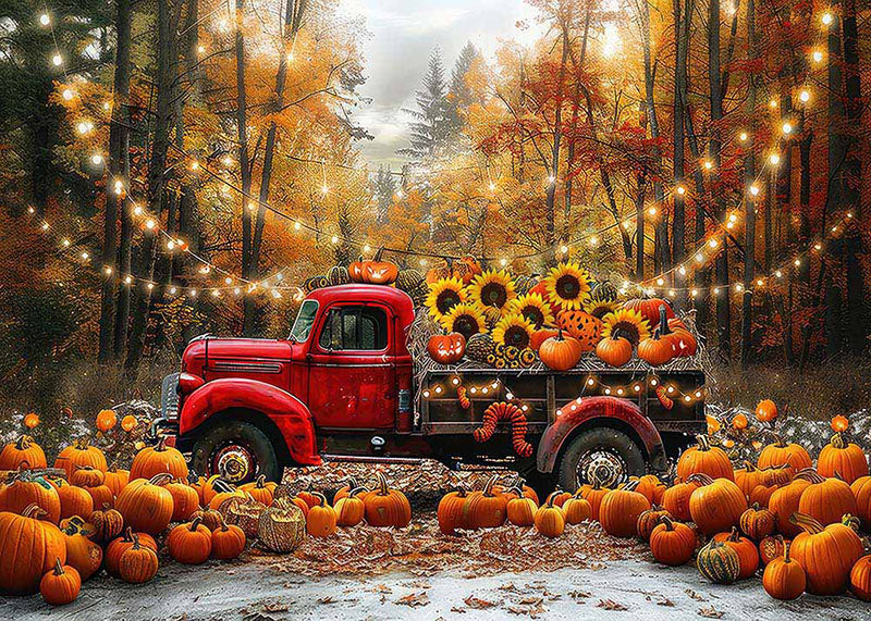 Toile de fond pour photographie de camion rouge et de citrouille d'automne d'Avezano