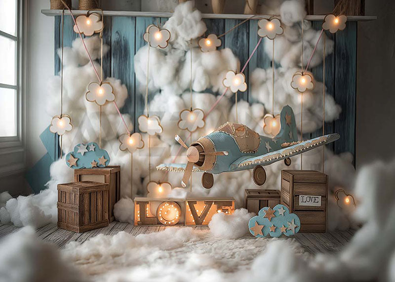 Fond de photographie de gâteau de modèle d'avion bleu Avezano