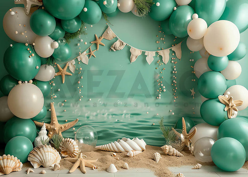 Arche de ballons d'Avezano et fête de coquillages de plage pour enfants, arrière-plan de photographie