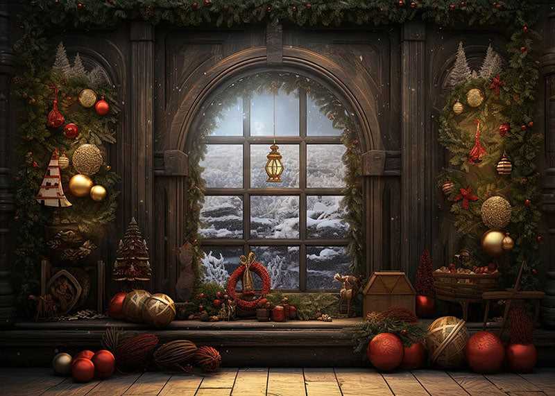 Toile de fond pour photographie de montagne enneigée avec fenêtre de Noël d'Avezano