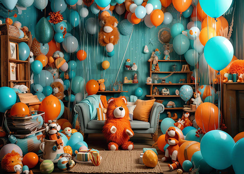 Fond de photographie de la chambre des ballons bleus et des animaux en peluche d'Avezano