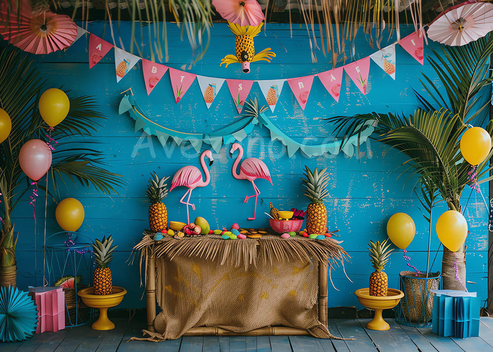 Fond de photographie de fête de fruits de flamants roses d'Avezano