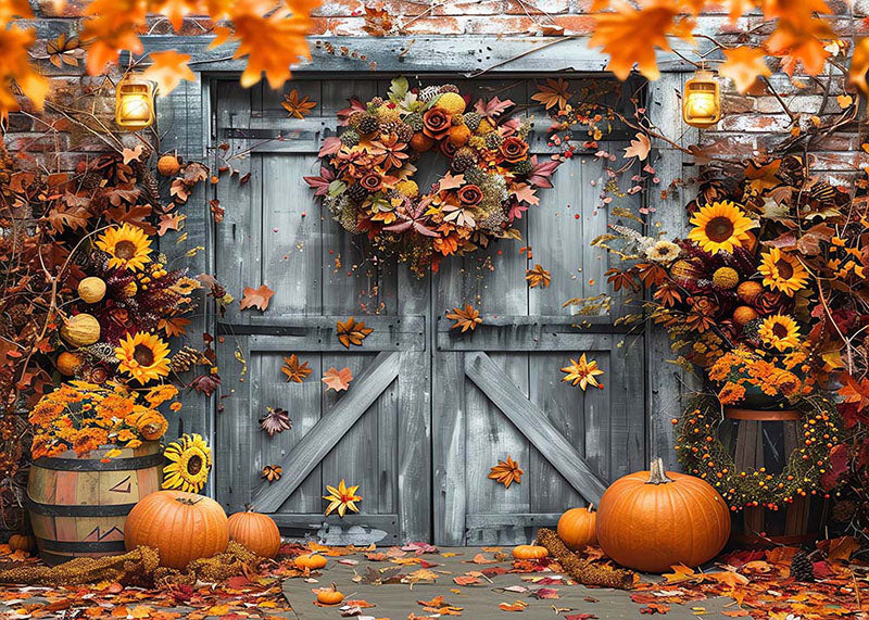 Porte en bois gris d'automne d'Avezano avec toile de fond de photographie de feuille d'érable et de citrouille