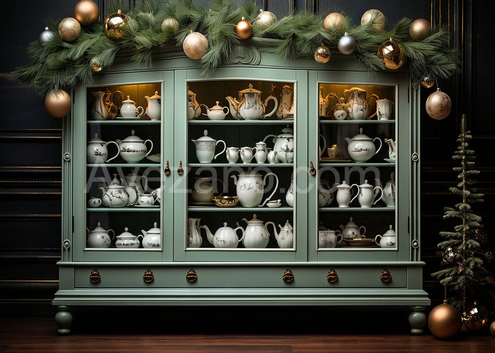 Toile de fond pour photographie de service à thé de Noël avec fenêtre verte Avezano