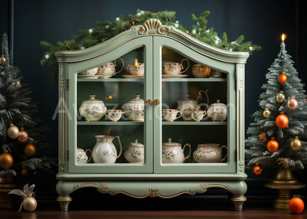 Avezano Noël Vert Fenêtre Art Fleur Ensemble De Thé Photographie Toile De Fond